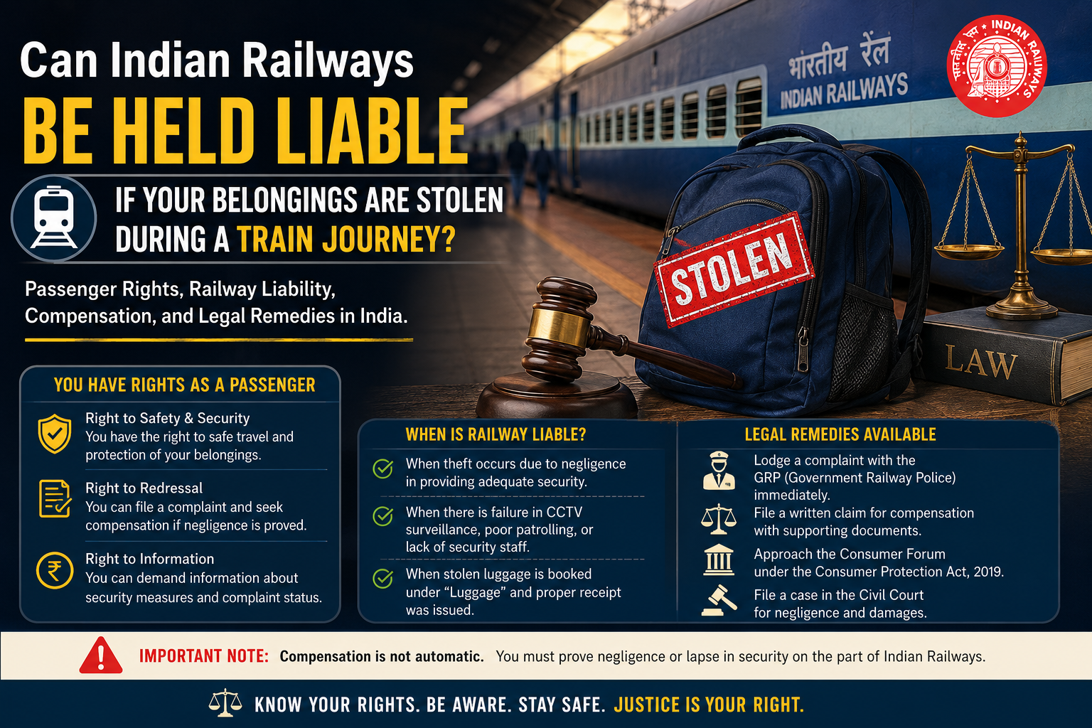 Can Indian Railways Be Held Liable If Your Belongings Are Stolen During a Train Journey? Passenger Rights, Railway Liability, Compensation, and Legal Remedies in India